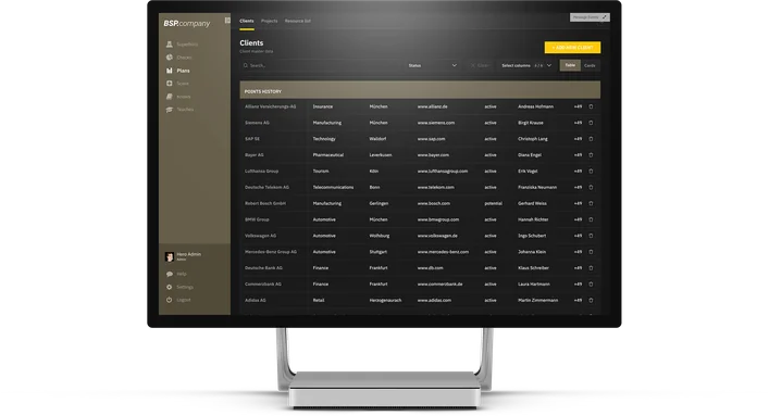 HEROPLANS interface: client and project overview with utilisation per person