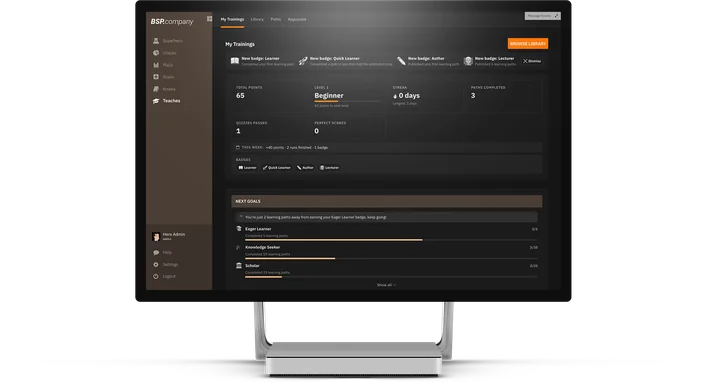 HEROTEACHES interface: training overview with learning progress and next goals
